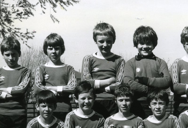 Stanah School football team who were winners of the Wyre Primary Schools Elliott Cup 1982. Seated l-r Ian Aspindle, Andrew Greaves, Paul Dunkow, Justin Moore, David Ashton-Rigby and David Bradford.
Standing l-r Bryan Weston, Glyn Carradice, Gerard Gardner, Alex Payne, Martin Groves, Andrew Hirst and David West 