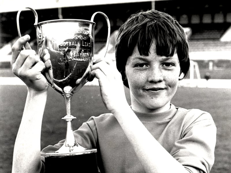 Steve Macauley under 13 Skipper holding the Evening Gazette cup which Hodgson School won for 2nd sucessive year 1982