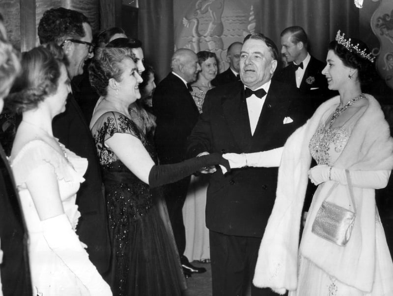 The Queen meets guests at the Royal Variety Performance in Blackpool, 1955