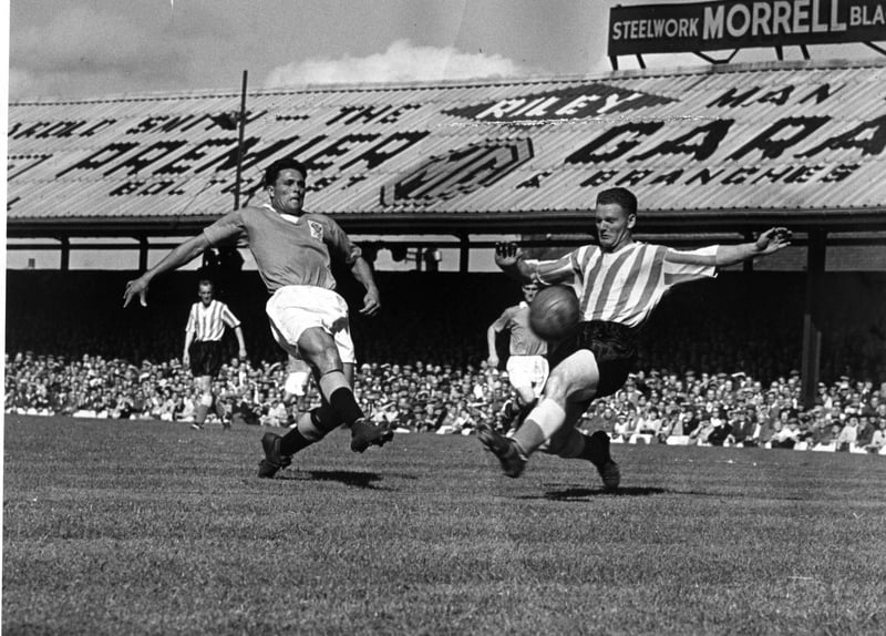 Bill Perry opens the scoring for Blackpool after Sunderland had scored first at Bloomfield Road on May 3