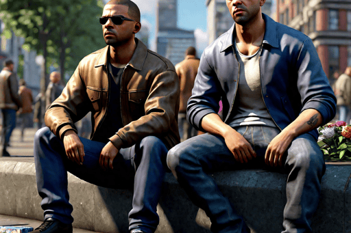 Two shady-looking men at Piccadilly Gardens. (Created by Hotpot.ai)