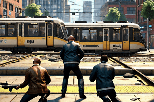 A gang of men about to take out a Metrolink tram. They were clearly not happy to hear about the signal failure at Deansgate (Created by Hotpot.ai.)