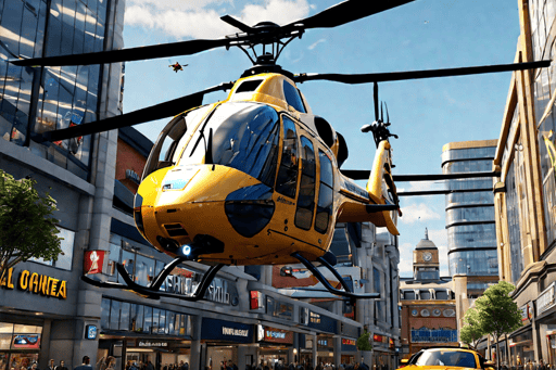 A helicopter about to land on Market Street outside the Arndale. (Created by Hotpot.ai)
