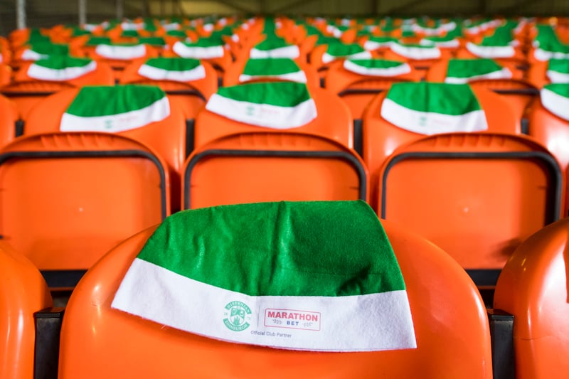 Hibs fans get hats put out at Tannadice in 2016.