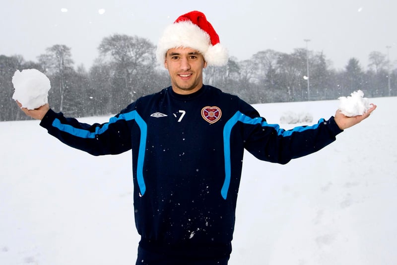 Former Hearts winger Suso Santana prepares for a snowball fight.