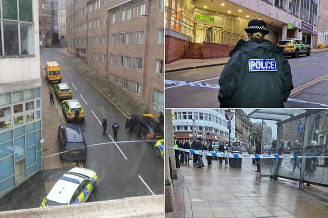 Armed police were on Sheffield city centre's Bank Street and High Street today after an 18-year-old man was taken to hospital with serious injuries.