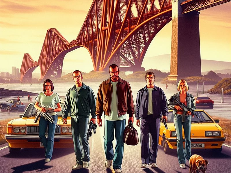 A gang of GTA characters look menacing in front of the Forth Rail Bridge. 