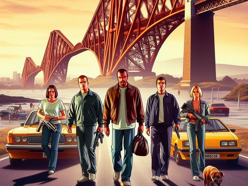 A gang of GTA characters look menacing in front of the Forth Rail Bridge. 