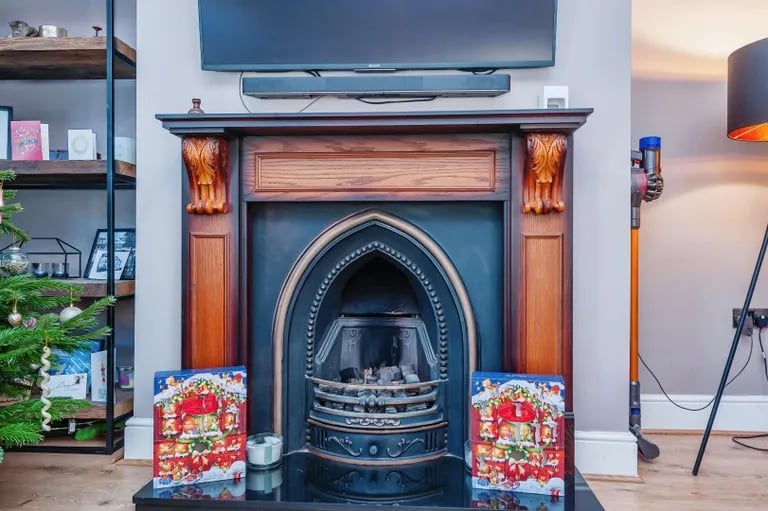 The stunning feature fireplace.