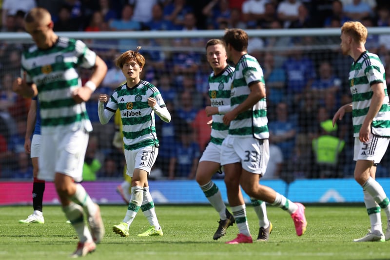 Kyogo Furuhashi of Celtic celebrates after scoring the match-winner against Rangers at Ibrox in September