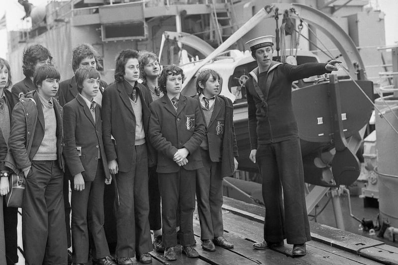 These boys from Thornhill School were given a guided tour of HMS Russell in March 1974.