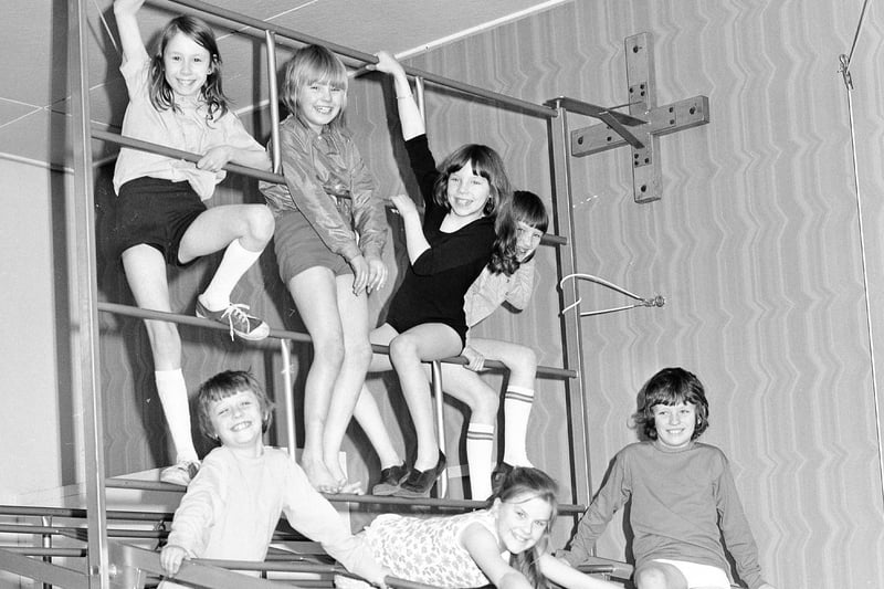 These Red House Junior School pupils were enjoying the climbing equipment in February 1974.