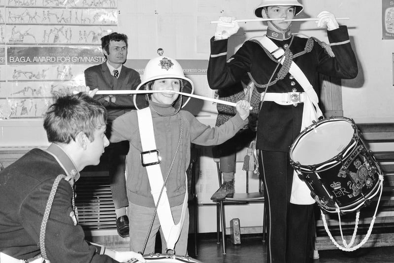 The Royal Marines Buglers And Drummers got lots of support from the pupils at Boldon School in January 1974.