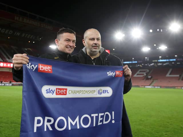 Paul Heckingbottom, Manager of Sheffield United, and Abdullah bin Musaid Al Saud, Owner of Sheffield United pose for a photo after winning promotion to the Premier League (Photo by George Wood/Getty Images)