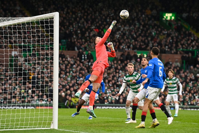 Rangers goalkeeper Jack Butland punches the ball clear to safety after a fairly even start to the contest