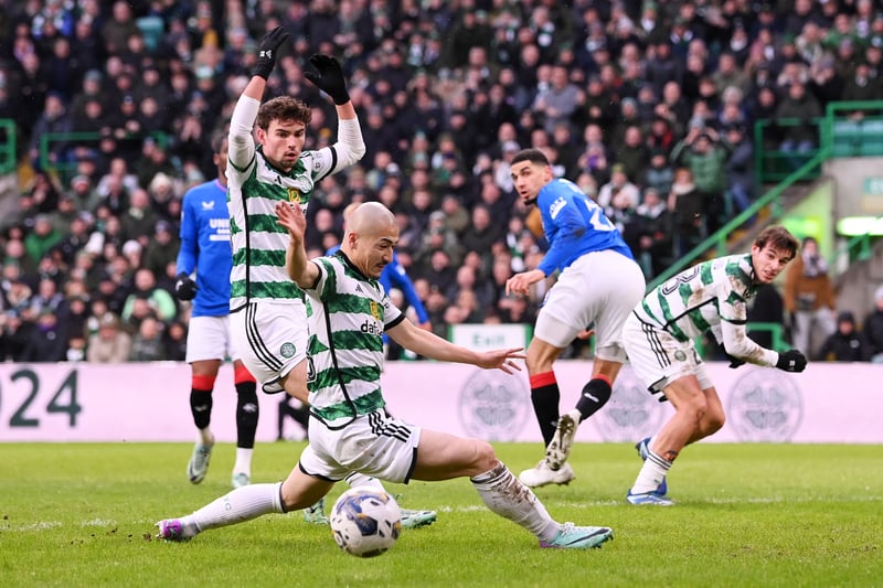 Daizen Maeda of Celtic misses a glorious chance to open the scoring early on after failing to connect with a delivery flashed across the face of goal.