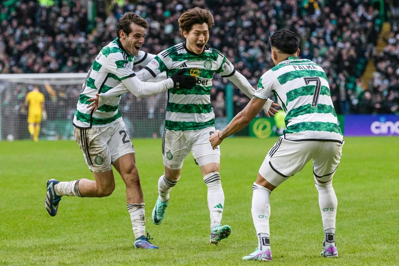 Celtic's Kyogo Furuhashi celebrates with Paulo Bernardo and Luis Palma after the Japanese striker makes it 2-0 against Rangers.