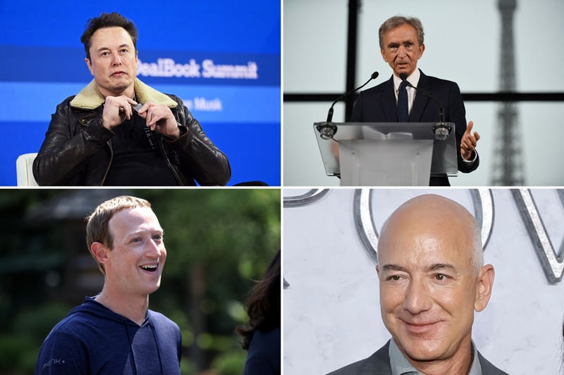 Clockwise from top left, Tesla and Space X's Elon Musk, LVMH's Bernard Arnault, Amazon's Jeff Bezos and Meta/Facebook's Mark Zuckerberg