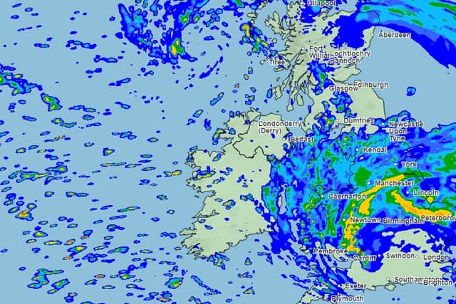 Storm Henk will arrive in Sheffield at around 11am today (January 2), bringing heavy rain until ppm. An amber weather warning has been issued for parts of the Midlands and South England ahead of winds of up to 80mph. Weather map shows forecast at around 3.30pm.