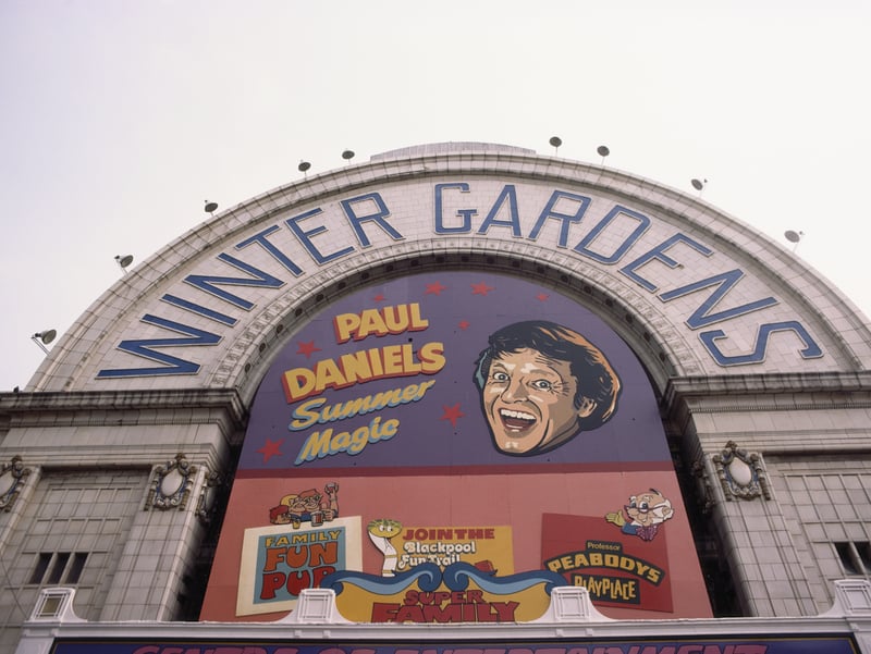 The exterior of the Winter Gardens theatre advertising magician Paul Daniels summer show in 1983