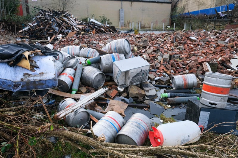 Barrels that were apparently never removed when the pub was closed in 2017 lie among the rubble.