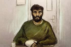 Court artist sketch by Elizabeth Cook of Hassan Jhangur, appearing via video link from HMP Doncaster, during a hearing at Sheffield Crown Court where he is charged with the murder of father-of-two Chris Marriott. Mr Marriott died after being hit by a car while trying to help a stranger in Sheffield. Jhangur is also charged with five counts of attempted murder. Image by Elizabeth Cook/PA Wire.