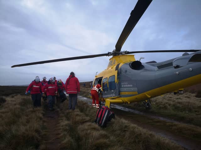 Derbyshire, Leicestershire & Rutland Air Ambulance assisted Edale Mountain Rescue Team in saving a woman who fractured her leg near Sheffield. Photo: Edale MRT
