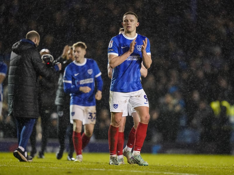 Goalscorer Colby Bishop applauds the Fratton faithful at the final whistle