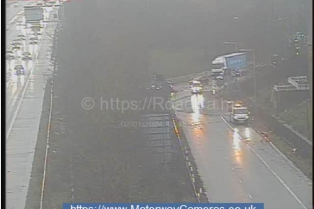 Picture shows lanes flooded on the M1 sliproad. Picture: National Highways