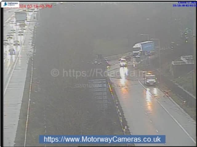 Picture shows lanes flooded on the M1 slip road. Picture: National Highways