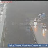 Picture shows lanes flooded on the M1 slip road. Picture: National Highways