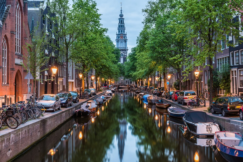 Amsterdam City, Illuminated Building and Canal at night, Netherlands