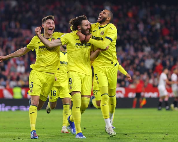 Ben Brereton Diaz of Villarreal CF celebrates after scoring the team's second goal before it is disallowed after a VAR Review during the LaLiga EA Sports match between Sevilla FC and Villarreal CF at Estadio Ramon Sanchez Pizjuan on December 03, 2023 in Seville, Spain. (Photo by Fran Santiago/Getty Images)