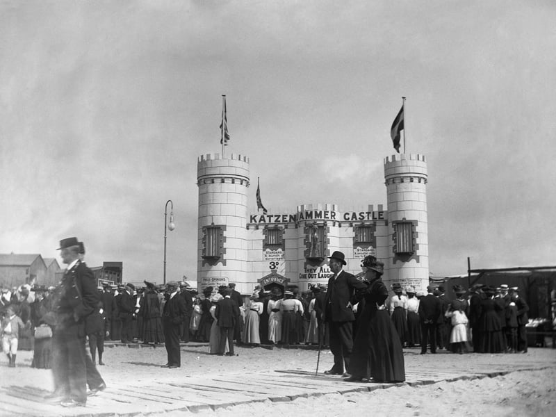A rare picture of crowds gathering outside a Katzenjammer Castle funhouse situated at Blackpool Pleasure Beach. Did anyone know this existed?