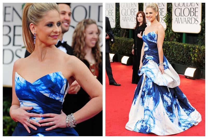 Sarah Michelle Gellar's blue tie-dye Monique Lhuillier dress she chose for the 2012 Golden Globes  was not a fashion succe