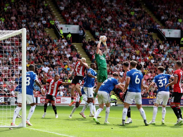 Jordan Pickford of Everton catches the ball during the Premier League match between Sheffield United and Everton FC at Bramall Lane on September 02, 2023 in Sheffield, England. (Photo by George Wood/Getty Images)