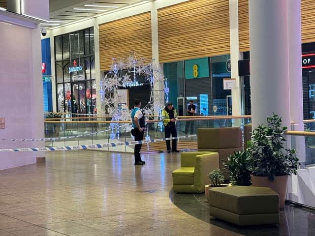 A police officer and a security guard standing inside the police cordon on the second level of Meadowhall Shopping Centre, where two men were reportedly stabbed in an incident on January 2, 2024. Image by Joshua Firth-Moore.