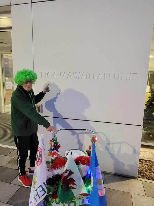John Burkhill has not come to a stop after reaching his Magic Million, and is pictured here on his annual Christmas Day walk from NGS Macmillan Unit in Chesterfield to the Macmillan Palliative Care Unit at Sheffield's Northern General Hospital.