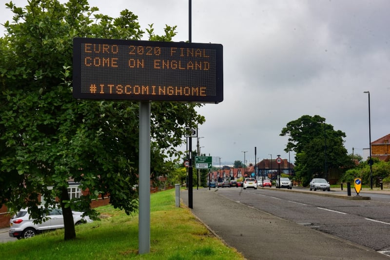 An electronic sign in Newcastle Road in 2021, supporting England as they got ready for the final of the Euro 2020 tournament.