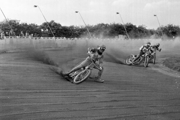Riders jockeying for position at Newcastle Road speedway track in 1973.
The action came from a heat of the Knock Out Cup Round 1, second leg, between Sunderland and Teesside.