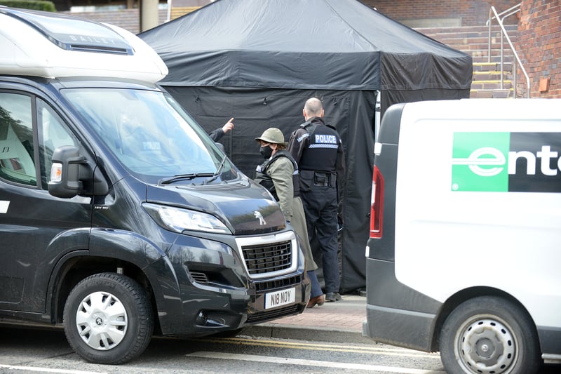 Filming of Vera at Sunderland Civic Centre car park with actress Brenda Blethyn as Vera Stanhope.