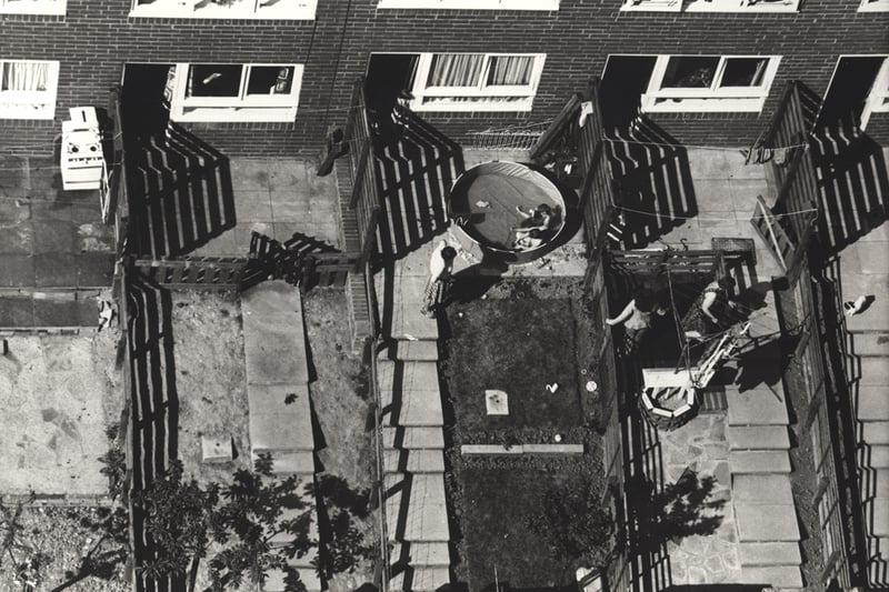 An aerial view of Dolphin Court flats Benwell taken c.1975. The photograph is looking down onto the gardens of the flats