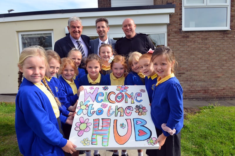 A warm welcome to the new school Hub was created by the school pupils.
Among the first to make a visit to the former caretaker's building were Barrie Curran, headteacher Ian Williamson and PC Neill Overton.