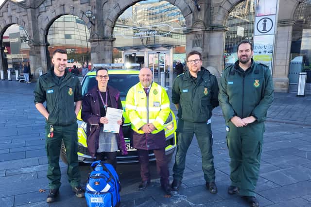 Yorkshire Ambulance Service staff outside Sheffield Railway station launch the scheme. Pictured are: Jono Milnes (consultant Paramedic), Esther Steele (Sheffield station duty manager), Brian Fairhirst (station customer service supervisor and long-standing CFR), James Marshall (community defibrillation trainer) and Warren Bostock (community defibrillation officer). 