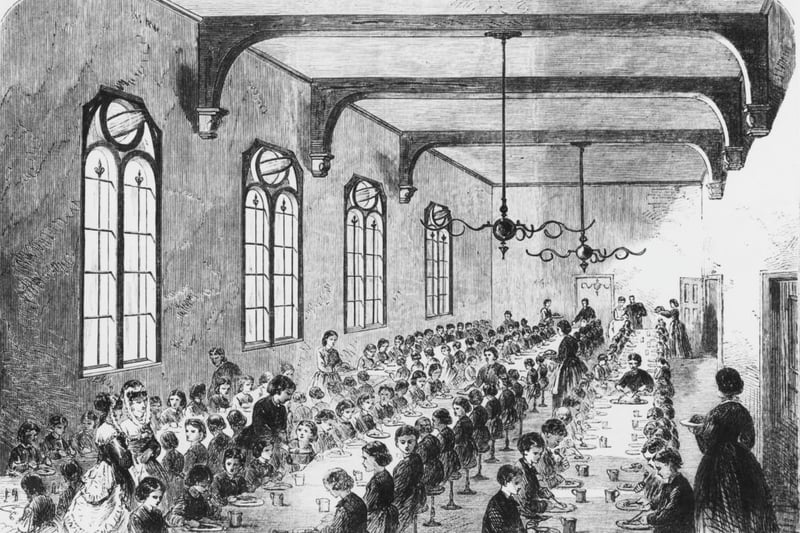 Dickens played a part in local social welfare, becoming president of the Birmingham and Midland Institute - an organisation dedicated to promoting education for all classes - in 1869, a year before his death. 
His work with the institute brought him here time and again – but not solely to deliver speeches. Here's a picture of children in the dining hall of the orphanage, founded by philanthropist Josiah Mason, at Erdington, Birmingham, 1869. (Photo by Hulton Archive/Getty Images)