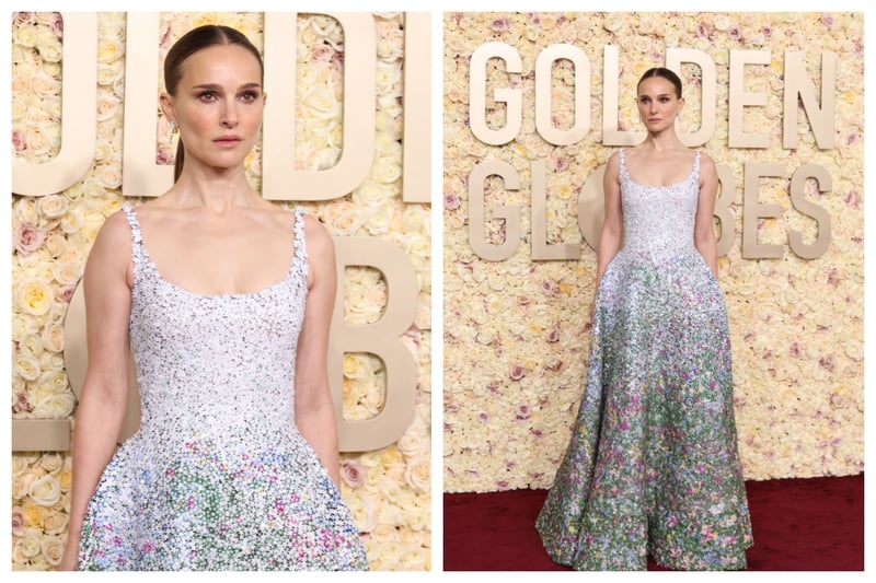 Natalie Portman looked chic in a Dior gown covered in star-shaped sequins.