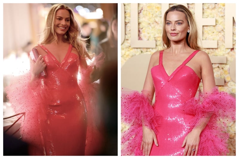 Margot Robbie opted for a hot pink Barbie style Giorgio Armani Privé dress for the 2024 Golden Globes and looked super glamorous.