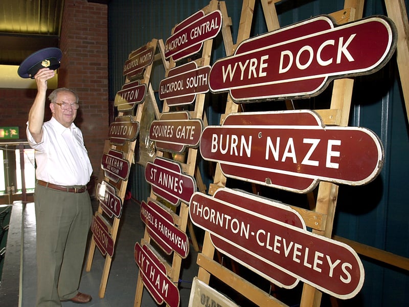 Lytham St Annes Railway Society chairman Arthur Kimber with some of the old local station signs on display