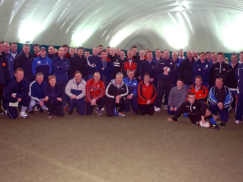 Don't forget about the coaches! Local junior football coaches are seen gathered here in March 2004 at Sheff Wednesday's facilities for a training session