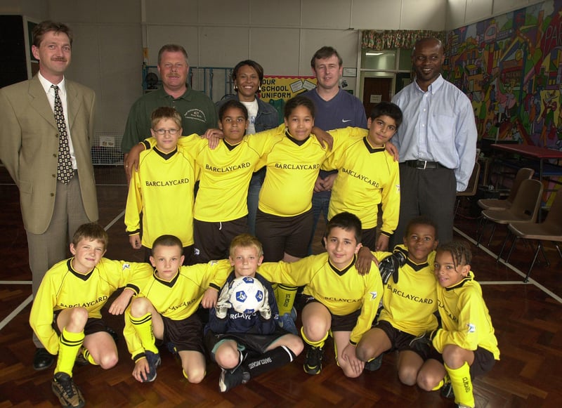 Parkhill Junior School football team with their new football foundation kit in July 2002